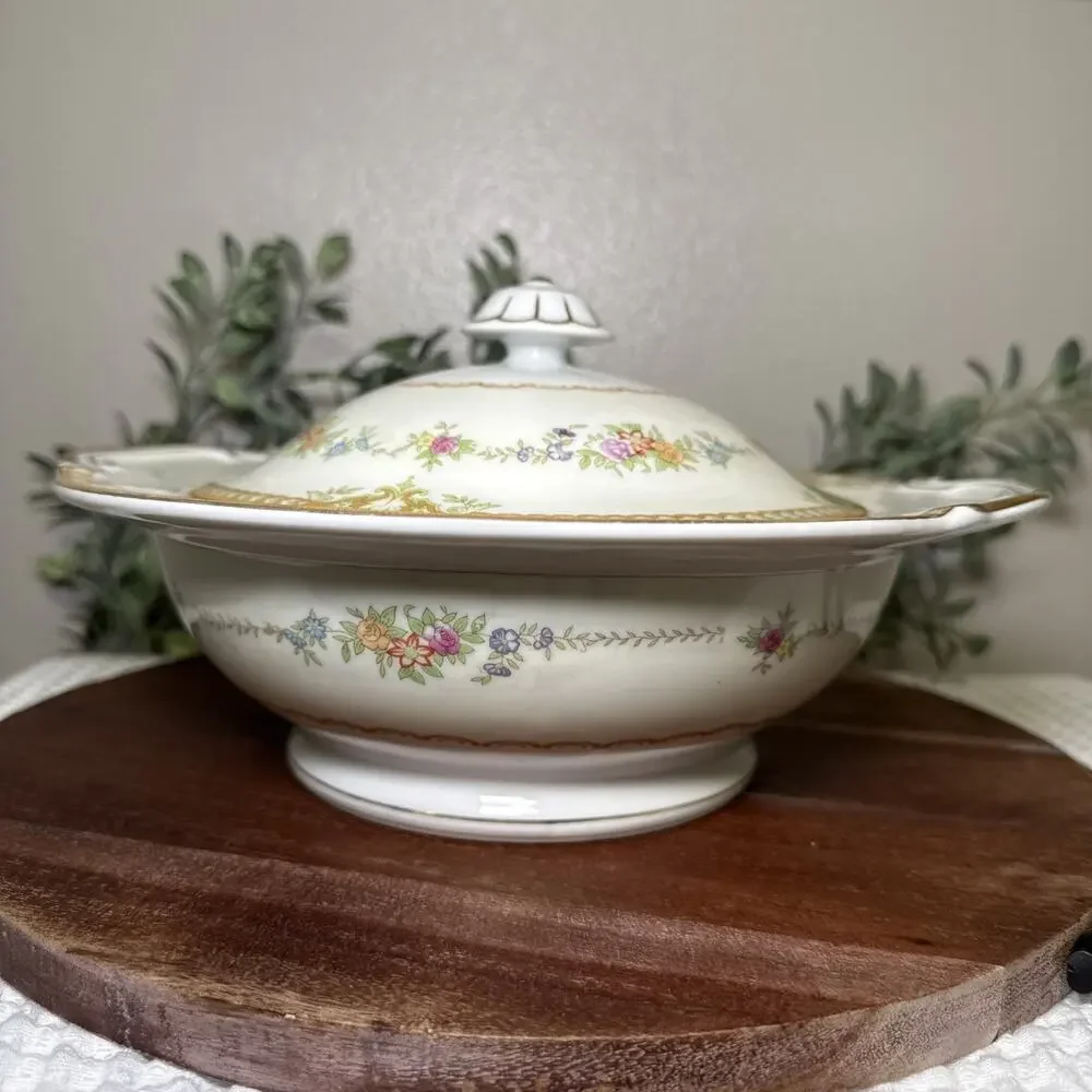 Imperial China Japan Covered Vegetable Bowl Tureen Floral Gold Serving Dish Vtg